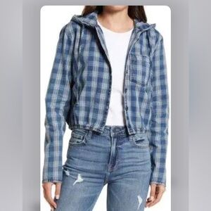 Hidden Blue Plaid denim Hooded Button-Up Crop Shirt M
